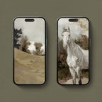 White horse iPhone wallpapers featuring remastered equestrian and countryside artwork in neutral tones