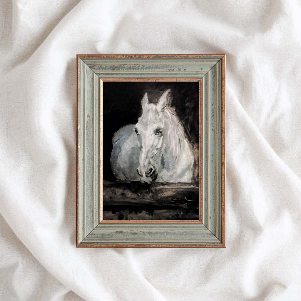 Vintage White Horse Stable Wall Art Printable (Dark Academia Equestrian)