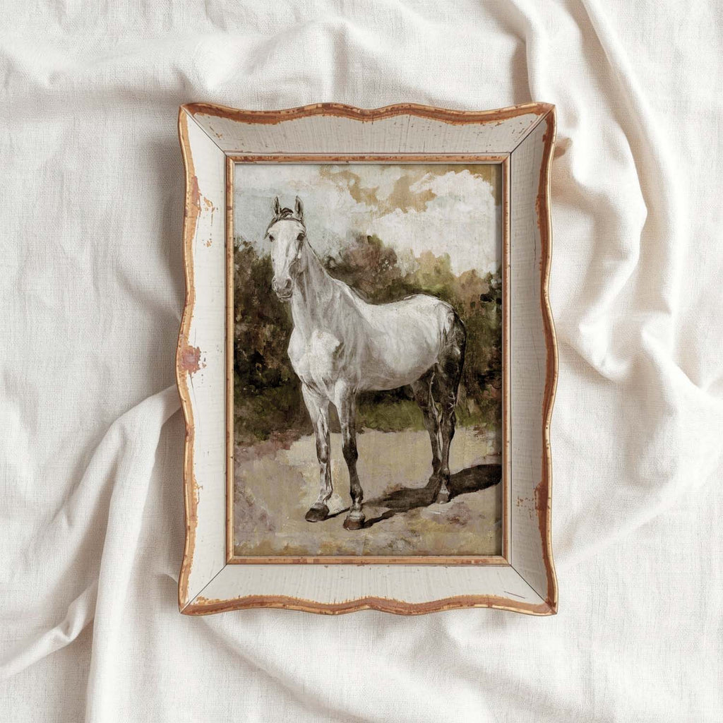 White horse printable wall art featuring a neutral boho equestrian portrait in soft muted tones