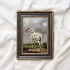 Wild horse printable wall art featuring a black and white spotted horse portrait