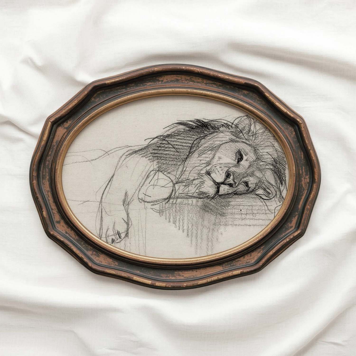 Sleeping Lion Wall Art Printable | Neutral Pencil Sketch Wildlife Print