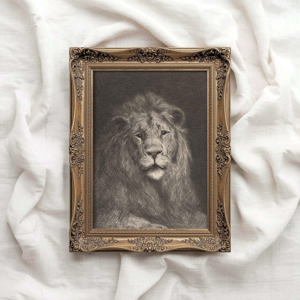 Majestic Lion Wall Art Printable | Vintage Pencil Sketch Portrait