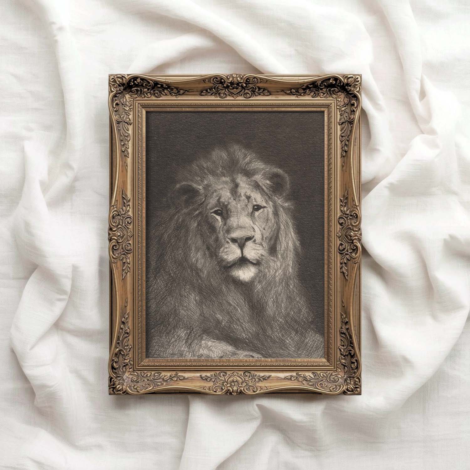 Majestic Lion Wall Art Printable | Vintage Pencil Sketch Portrait