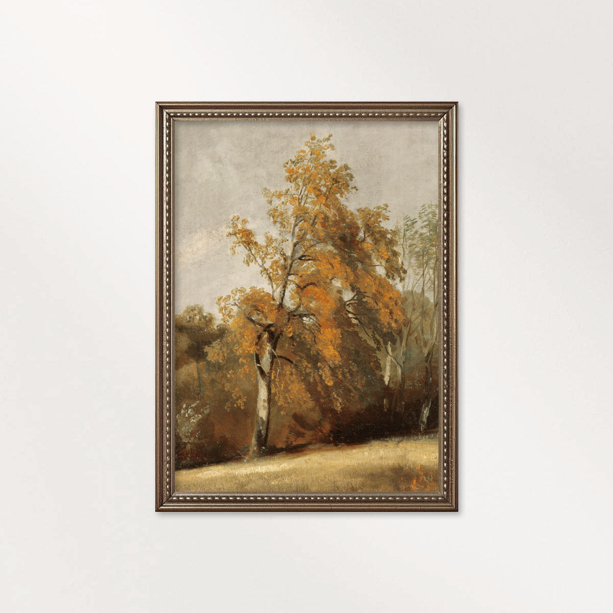 Young Oak Tree Rustic Oil Painting printable wall art in vintage tree oil painting style.